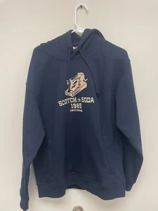 Felpa con cappuccio Scotch & Soda Amsterdam Night Fleece blu navy grafica vestibilità rilassata L nuova con etichette - Foto 1 di 10
