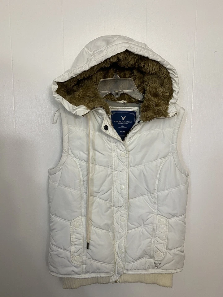 American Eagle Outfitters M белый с капюшоном искусственного меха жилет молнии карманы пальто - Изображение 1 из 4