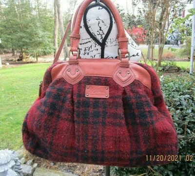 LL Bean Red Black Plaid Alpaca Wool Leather Crossbody Bag Satchel RARE  - Image 1 of 4