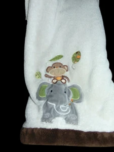 KidsLine Plush Baby Blanket Cream with Brown - Monkey and Elephant - Picture 1 of 4
