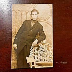RPPC Real Person Photograph Postcard Young Man Studio Portrait - Picture 1 of 2