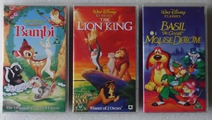 WALT DISNEY VHS PAL VIDEOS x 3 : BAMBI, THE LION KING, BASIL MOUSE DETECTIVE - Picture 1 of 4