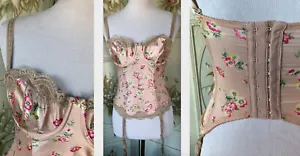 VTG 90s NWT NEW VICTORIA'S SECRET PINK FUCHSIA FLORAL SILK ECRU LACE BUSTIER 34B - Picture 1 of 12