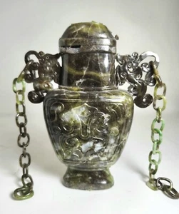 Antique Chinese Jade Carved Vase W Dragon Handles 6 Inches H. - Picture 1 of 7