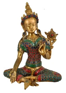 Whitewhale Brass Tara Buddha Idol Tibetan Green Buddhism Yin Kwan Home Decor - Picture 1 of 7