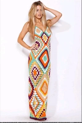 全新带标签 INDAH Syra 钩针编织长裙 ML 金色混合波西米亚节日针织奶奶方形  — 第 1/4 张图片