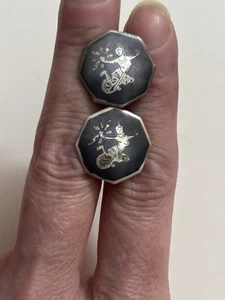VINTAGE SIGNIERTE OVALE EMAILLE-MANSCHETTENKNÖPFE AUS STERLINGSILBER - Bild 1 von 2