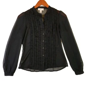 Ann Taylor LOFT Ruffle Blouse 0P Petites Black Lightweight Button Up Chiffon - Picture 1 of 7