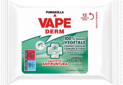 ,  Derm, 12 Salviette Antipuntura, Repellenti Zanzare Con Ingredienti 100% Di Or - Immagine 1 di 4