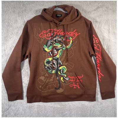 Ed Hardy Designs Mens XL Hoodie Cocoa Panther Snake Graphic Pullover Sweatshirt - Image 1 of 4