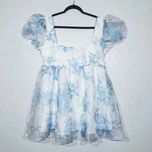 New Windsor Blue In The Sunshine Puff Sleeve Floral Babydoll Dress Size Large - Picture 1 of 8