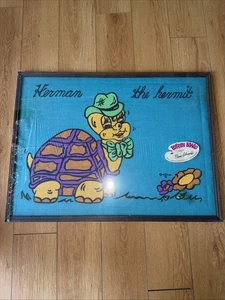 Vintage Herman The Hermit Turtle Burlap Art Bulletin Tac Board 24"x18" Framed - Picture 1 of 9