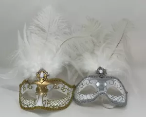 2 Feathered Costume Eye Masks Gold And Silver New - Picture 1 of 5