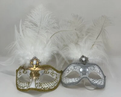 2 Feathered Costume Eye Masks Gold And Silver New - Image 1 of 4