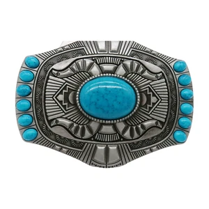 Men Women Silver Big Metal Belt Buckle Southwestern Fashion Turquoise Blue Beads - Picture 1 of 12