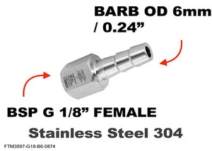 BSP G 1/8" FEMALE to BARB OD 6mm / 0.24" Stainless Tail Adaptor Hose Connector - Picture 1 of 6