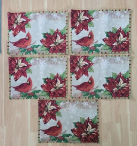 Set of 5 Tapestry Placemats CHRISTMAS CARDINAL BIRD & POINSETTIA Holiday 13x18" - Picture 1 of 6