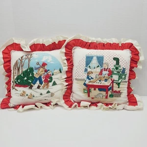 Vtg Christmas Ruffle Throw Pillows Baking Granny Chopping Tree Boys Handmade USA - Picture 1 of 9