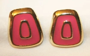 Handsome Sloped Hot Pink Enameled Shiny Goldtone PIERCED Earrings ++++ - Picture 1 of 1