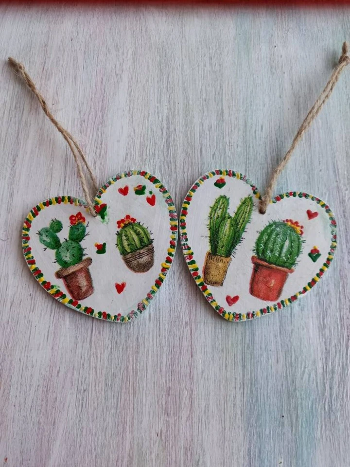 Cactus Heart Ornament Boho room decor Green nursery Succulent Rustic Small gifts - Image 1 of 4