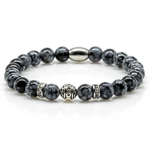 Obsidian Armband Bracelet Perlenarmband Snowflake Beads S Edelstahl 8mm - Picture 1 of 2