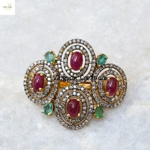 Anillo Pavé Diamantes Rubí Esmeralda Joyería 925 Plata Sólida Oro Vermeil Anillo Regalo - Imagen 1 de 5
