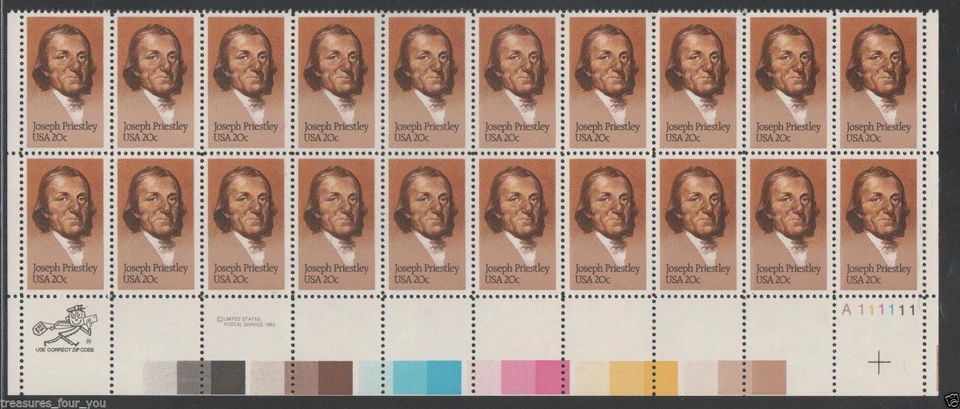 US #2038 20c Plate Block of 20 1983 JOSEPH PRIESTLEY Oxygen Stamp MNH - Image 1 of 1