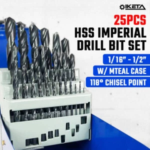 25PCS Twist Drill Bits Kit Imperial HSS High Quality Set 1/16"-1/2" W/ Case - Picture 1 of 7