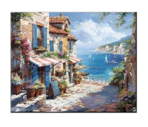 Mediterranean City and Sea View Oil Painting Printed on canvas,Giclée Print - Picture 1 of 8