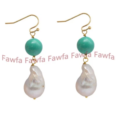 Pendientes de gancho colgantes de perlas barrocas Keshi blancas gemas redondas turquesa natural de 12 mm Foto 1 de 4