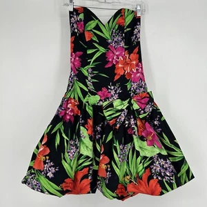 Vintage 80s Scarlett Floral Strapless Dress Black Tropical Bubble Skirt Size 7/8 - Picture 1 of 11
