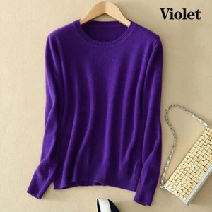 Women Cozy Crew Neck Cashmere Sweater Knitted Elasticity Slim Fit Wool Pullover - Picture 1 of 20