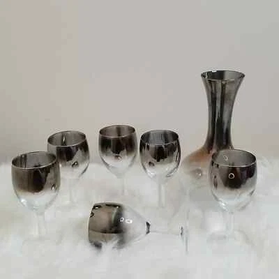 Vintage Silver Fade Small Wine Cordial Glasses with Carafe - Image 1 of 4