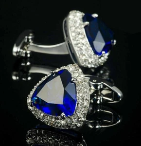 4Ct Trillion Cut Lab-Created Blue Sapphire Men's Cufflink 14K White Gold Plated - Picture 1 of 6