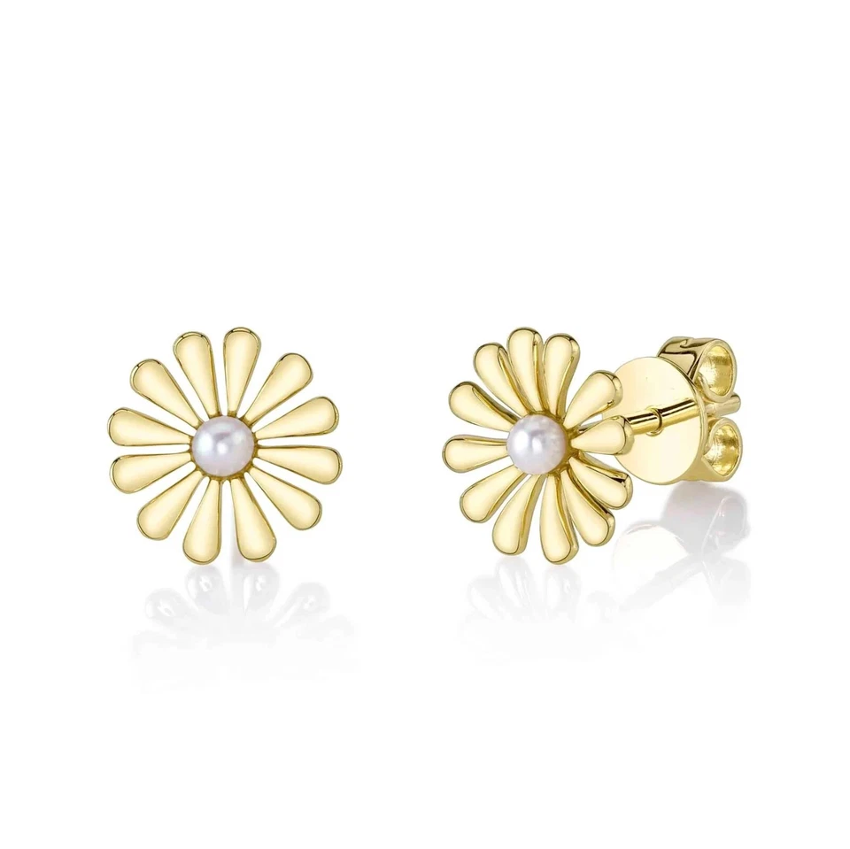 14K Yellow Solid Gold Pearl Flower Stud Earrings - Image 1 of 3