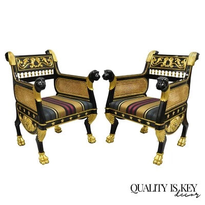Egyptian Revival Regency Black Ebonized Gold Gilt Lion Head Throne Chairs - Pair - Image 1 of 4