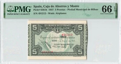 SPAIN 5 Pesetas 1937, P-S561h Bilbao, Pretty Civil War Note, PMG 66 EPQ Gem UNC - Image 1 of 2