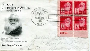 EDSROOM-A23 FDC 1940 SCOTT #890 - 1940 FA 2c Samuel Morse Bloque de 4 placas - Imagen 1 de 1