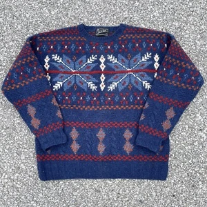 VTG American Eagle Sweater Mens Small Blue Fair Isle Shetland Wool Hand Knit 90s - Picture 1 of 11