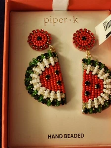 Piper K Hand Beaded & Crystal Watermelon Earrings, Dangle-drop, NWT, Super Cute! - Picture 1 of 2