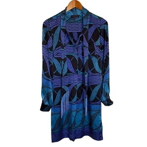 Vestido Hale Bob Mujer XS Azul Seda Elastizado Cuello Corbata Mini Patrón Geométrico Preppy - Imagen 1 de 8