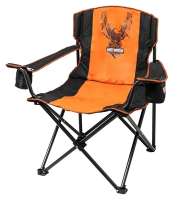 Silla plegable Harley-Davidson Bar & Shield Eagle con bolsa de almacenamiento - negra y naranja Foto 1 de 4