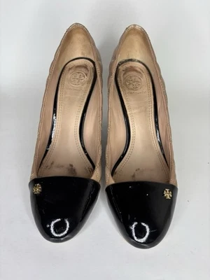 Zapatos Tory Burch Tacones de Cuña Mujer Talla 9M Beige Negro Dorado Logo Puntera Foto 1 de 4