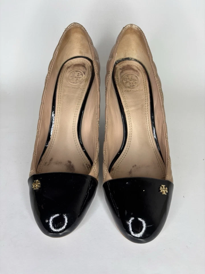 Tory Burch Shoes Wedge Heels Women Size 9M Beige Black Gold Logo Cap Toe - Image 1 of 4