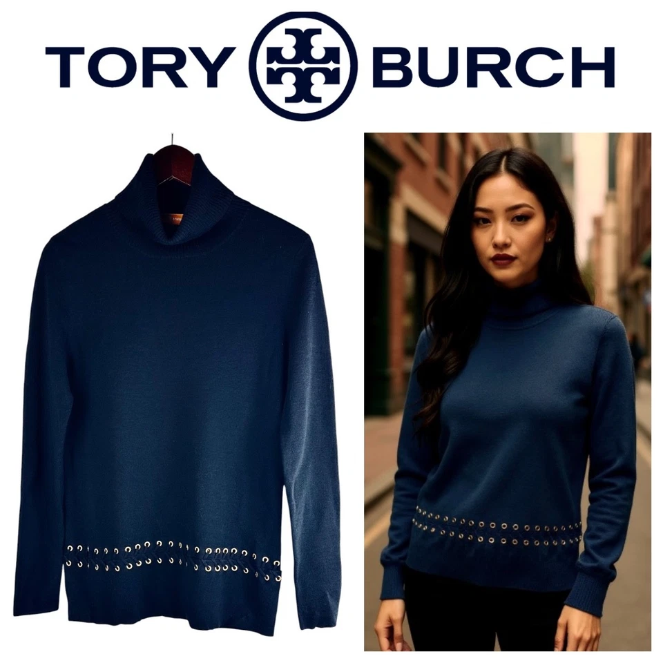 Tory Burch Turtleneck Sweater Medium 100% WOOL Navy Blue Grommet Quiet Luxury  ^ - Image 1 of 4