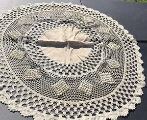 Vintage Crocheted and Linen Tablecloth 60" Round - Picture 1 of 7