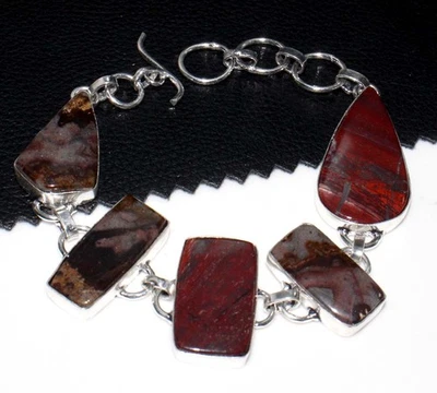 Elegante pulsera hecha a mano de jaspe rojo enchapado en plata 925 8" joyería regalo GW Foto 1 de 3