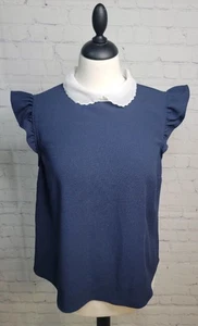 Monteau Peter Pan Kragen Rüschenärmel Bluse Gr. L marine weiß Schlüsselloch Stretch - Bild 1 von 7