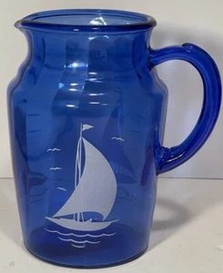 1950s Mid Century Hazel Atlas Cobalt Blue Glass Sailboat Pattern Water Pitcher - Picture 1 of 7