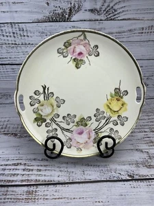 Prussia Pink Yellow Rose Handled Cake Plate vintage - Picture 1 of 8